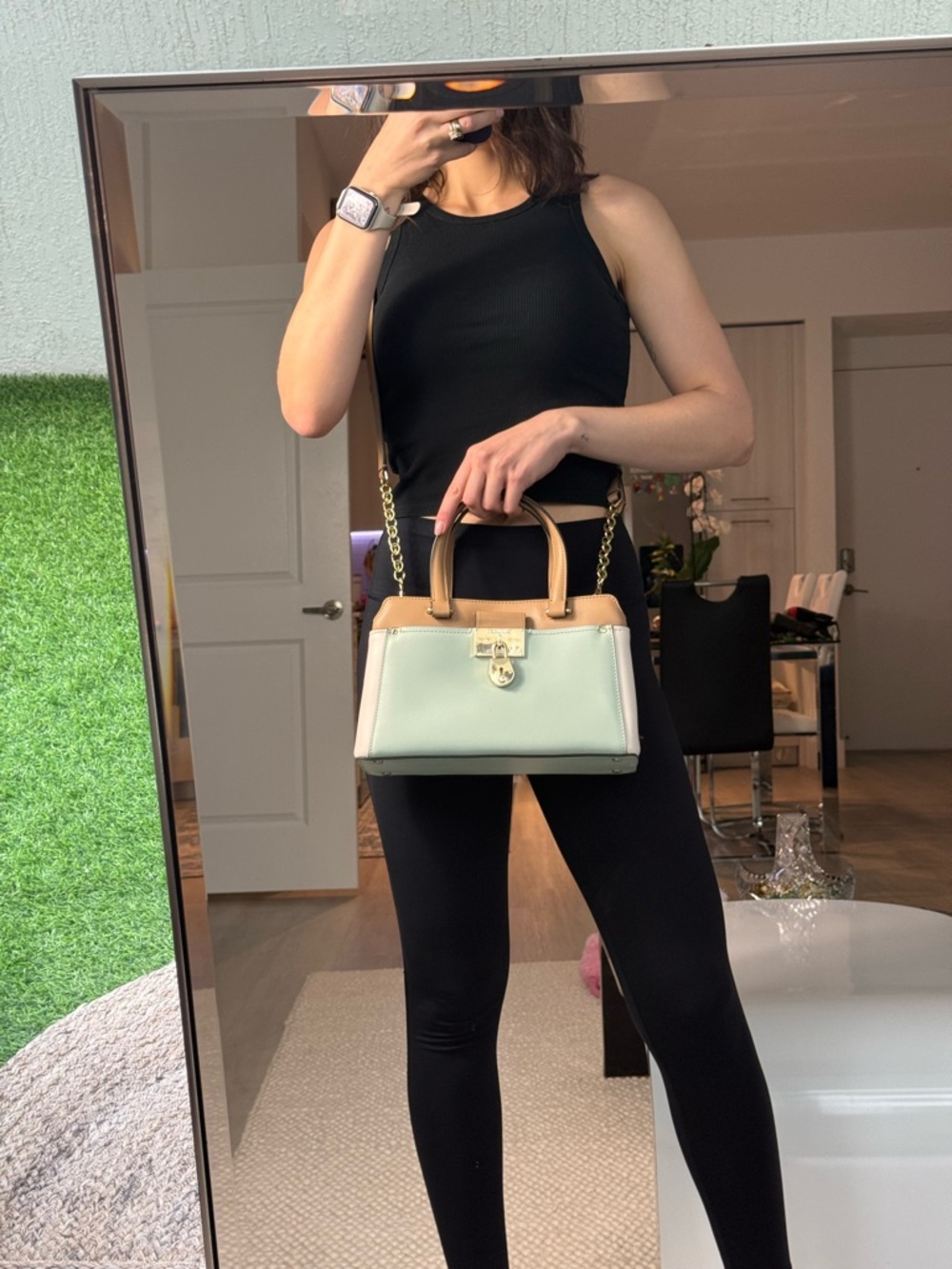 Calvin Klein Camille Lock Satchel Beige/Mint Green - Picture 8 of 16